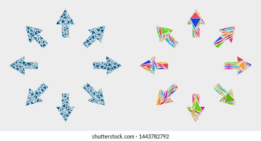 Expand arrows mosaic icon of triangle items which have different sizes and shapes and colors. Geometric abstract vector design concept of expand arrows.