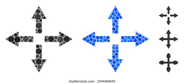 Expand arrows mosaic of small circles in different sizes and color tinges, based on expand arrows icon. Vector filled circles are combined into blue mosaic.