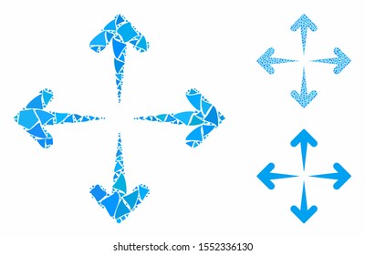 Expand arrows mosaic of uneven elements in variable sizes and color tinges, based on expand arrows icon. Vector uneven pieces are united into mosaic. Expand arrows icons collage with dotted pattern.