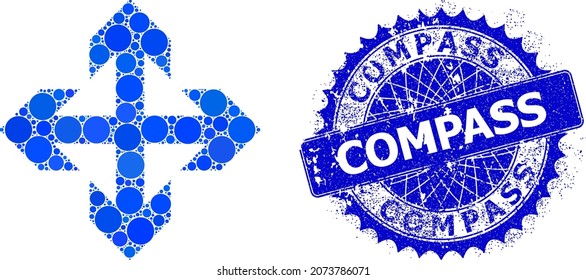 Expand arrows vector mosaic of round dots in different sizes and blue color shades, and textured Compass stamp seal. Blue round sharp rosette stamp includes Compass text inside.