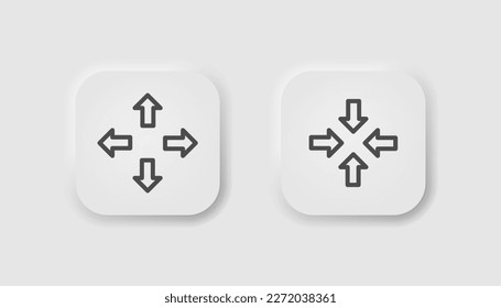 Expand button in neumorphism style. Icons for business, white user interface. UI, UX. Four directions symbol. Arrow, right, up, down, left, decrease, cross, enlarge. Neumorphic, line style. 