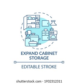 Expand cabinet storage concept icon. Using cabinet space storage idea thin line illustration. Clean space in kitchen cupboard. Vector isolated outline RGB color drawing. Editable stroke