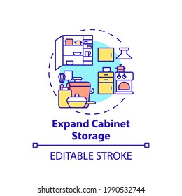 Expand cabinet storage concept icon. Amping up and using cabinet space idea thin line illustration. Clear space in kitchen cupboard. Vector isolated outline RGB color drawing. Editable stroke