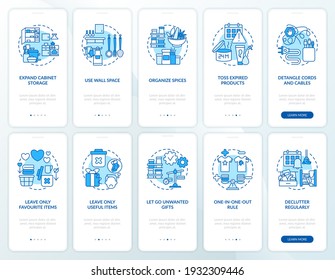 Expand cabinets storage space onboarding mobile app page screen with concepts set. Detangle cord and cables walkthrough 5 steps graphic instructions. UI vector template with RGB color illustrations