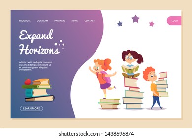 Erweitern Sie Horizonte Vektorillustration Konzept. Vorlage für die Zielseite wird gelesen. Cartoon-Kinder lesen Bücher und erziehen neues Wissen, Mädchen und Jungen-Lerngrafik