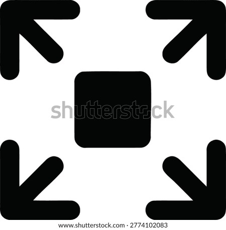 Expand icon, fullscreen symbol. Vector illustration of a square with arrows pointing outwards, representing maximizing or enlarging a screen or window.