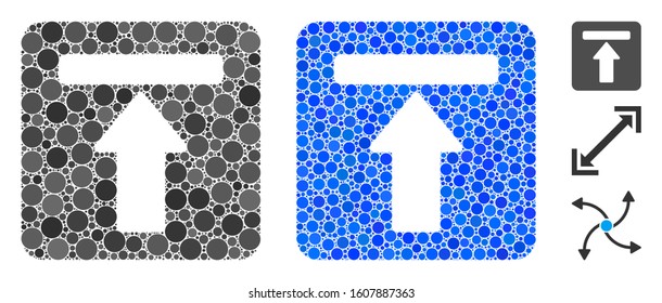 Expand menu composition of round dots in different sizes and color tones, based on expand menu icon. Vector round dots are organized into blue collage.