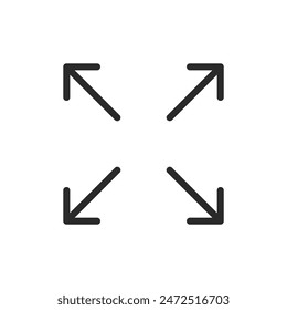 Erweitern, Größe ändern, Vergrößern, Linearsymbol. Vier Pfeile, die von der Mitte nach außen zeigen. Bearbeitbare Strichbreite