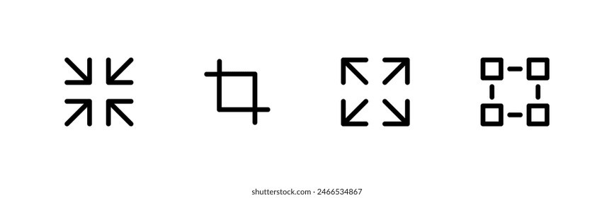 Expand size icon. Enlarge vector symbol. Trim view vector illustration. Crop image icon set. Scale pictogram. Full screen sign isolated.
