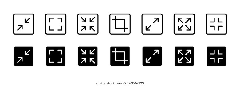 Expand size icons set. Enlarge screen symbols. Trim view vector icons. Full screen symbol. Vector icon
