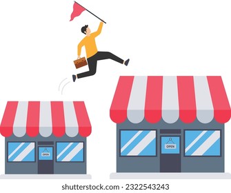 Expand store for growing business, Franchise license or business growth opportunity, Marketing to improve store, Achieve success, Businessman jumping on shops

