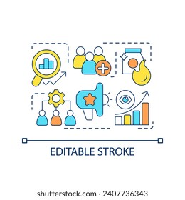 Expand target audience concept icon. Social engagement. Involve consumers. Improve statistical abstract idea thin line illustration. Isolated outline drawing. Editable stroke. Arial font used