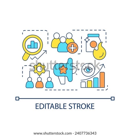 Expand target audience concept icon. Social engagement. Involve consumers. Improve statistical abstract idea thin line illustration. Isolated outline drawing. Editable stroke. Arial font used