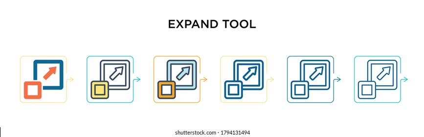 Expand tool vector icon in 6 different modern styles. Black, two colored expand tool icons designed in filled, outline, line and stroke style. Vector illustration can be used for web, mobile, ui