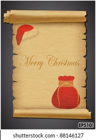 Expand torn sheet of parchment with red cap and bag on a dark background