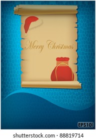 Expand torn sheet of parchment with red cap and bag on abstract blue background