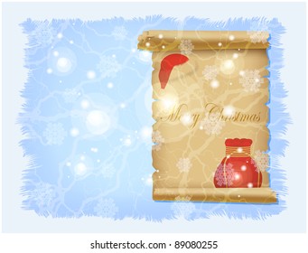Expand torn sheet of parchment with red cap and bag on a winter background
