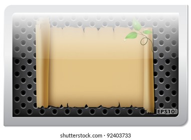 Expand torn sheet of parchment with a rough texture and green sprout on a metallic plaque