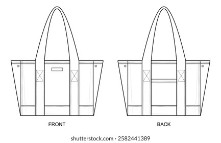 Expandable Side Tote Bag Technical Fashion Illustration. Structured Tote with Snap-Button Side Panels Vector Template. Front and Back View. Reinforced Handles. Functional Storage. CAD Mockup set.