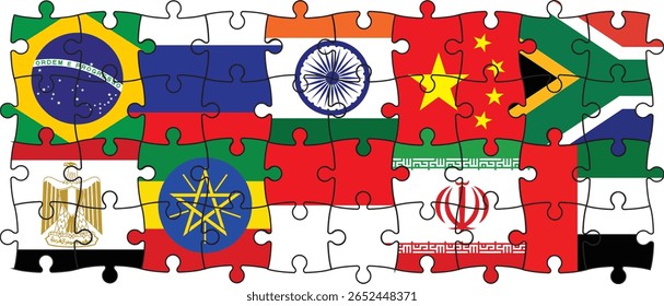 The expanded BRICS flags fit together like puzzle pieces—symbolizing growing unity, shared ambitions, and global collaboration among diverse nations shaping a new multipolar future.