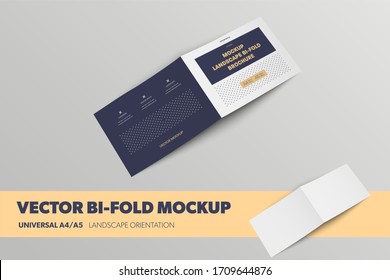 An expanded landscape booklet template, back; front cover, for presentation of design. Mockup of vector blank bifold with realistic shadows. Layout business brochure isolated on background