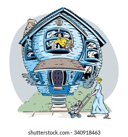 Expanded Living Needs. The house is physically bloated from being over stuffed. A worried man looks on from an upstairs window as his wife approaches with a baby carriage.