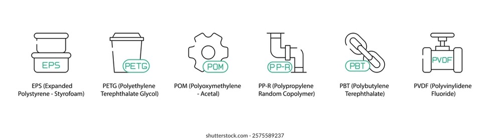 Expanded Polystyrene, Polyethylene Terephthalate Glycol-Modified, Polyoxymethylene, Polypropylene Random Copolymer, Phenolic Plastic Thermoset, and Polyvinylidene Fluoride Icons - Vector Illustration