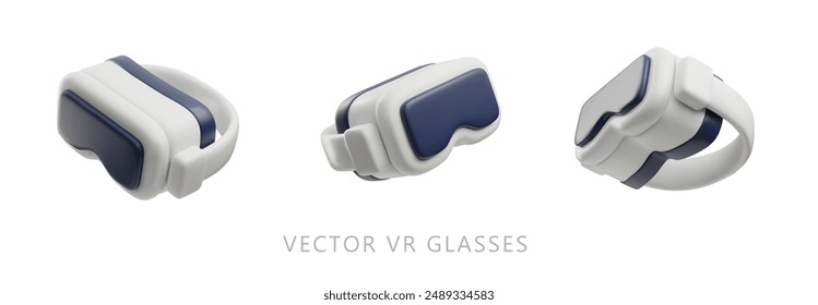 Expanded set of virtual reality glasses. Vector 3D illustration showing realistic virtual reality headsets in cartoon style from different angles, ideal for gaming, isolated on white background.