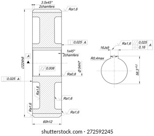 Expanded sketch with chamfers, hatching, lines, angle degrees and numbers. Vector image