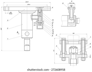 Expanded sketch with crowfoots, lines, angle degrees and numbers. Vector image