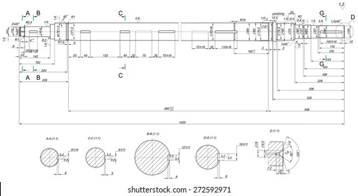 Expanded sketch of shaft with angle degree and hatching. Engineering drawing with lines and numbers. Vector image