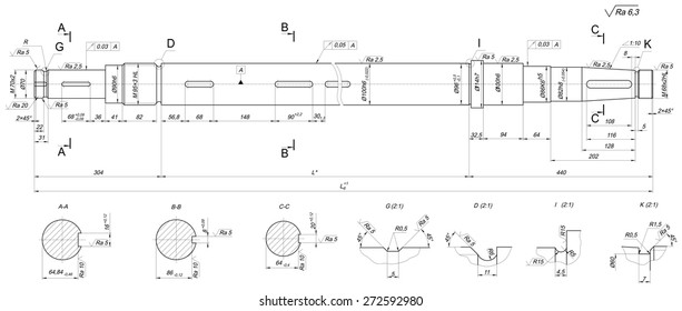 Expanded sketch of shaft with crowfoots and hatching. Engineering drawing with lines, angle degrees and numbers. Vector image