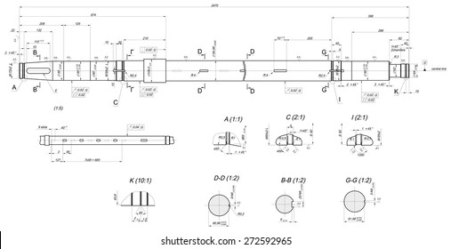 Expanded sketch of shaft with layout keyways and hatching. Engineering drawing with lines, angle degrees and numbers. Vector image
