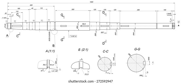 Expanded sketch of shaft with measure and hatching. Engineering drawing with lines, angle degrees and numbers. Vector image