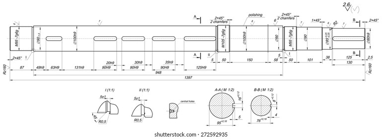 Expanded sketch of shaft with polishing, chamfers and radius. Engineering drawing with lines, angle degrees and numbers. Vector image