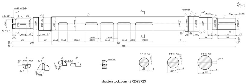 Expanded sketch of shaft with polishing and hatching. Engineering drawing with lines, angle degrees and numbers. Vector image