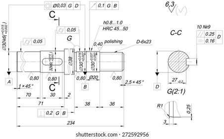 Expanded sketch of shaft with polishing and hatching. Engineering drawing with lines, angle degrees and numbers. Vector image