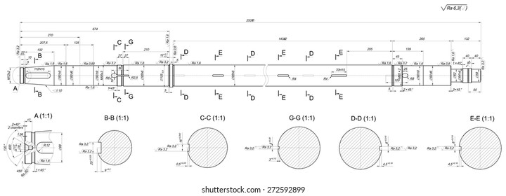 Expanded sketch of shaft with radical and hatching. Engineering drawing with lines, angle degrees and numbers. Vector image