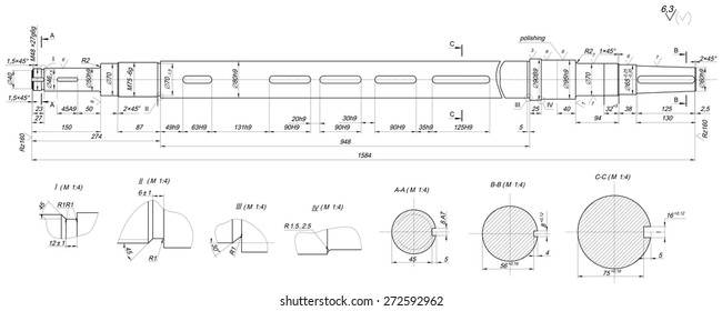 Expanded sketch of shaft with radius, polishing and hatching. Engineering drawing with lines, angle degrees and numbers. Vector image