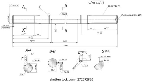 Expanded sketch of shaft with radius, radical, polishing and hatching. Engineering drawing with lines, angle degrees and numbers. Vector image