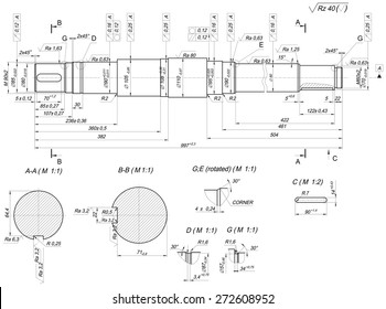 Expanded sketch of shaft with rotated bar graph. Engineering drawing with lines, angle degrees and numbers. Vector image