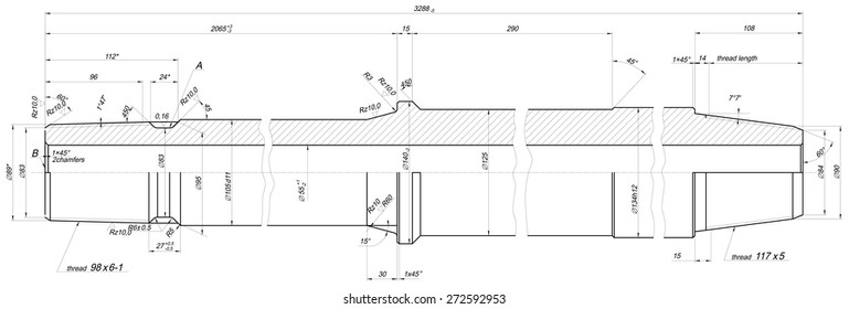Expanded sketch of shaft with threads and hatching. Engineering drawing with lines and numbers. Vector image