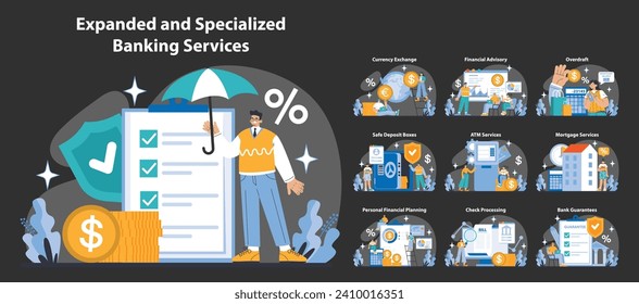 Expanded and specialized banking services night or dark mode set. Comprehensive coverage of financial operations. Client support, transaction ease, diversified portfolios.