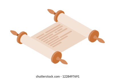 Expanded Torah scroll in isometric style on a white background. Vector illustration