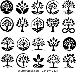 An expanded vector asset sheet featuring twenty unique minimalist tree and sprout silhouettes designed for professional logos and emblems. This massive collection showcases a highly diverse selection of eco-conscious shapes, adding unique concepts like trees with deep exposed root systems