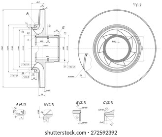 Expanded wheel sketch with blades, hatching, crowfoots, curved lines, angle degrees and numbers. Vector image