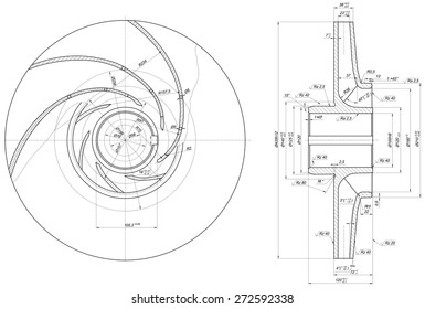 Expanded wheel sketch with span, radical, lines, angle degrees and numbers. Vector image
