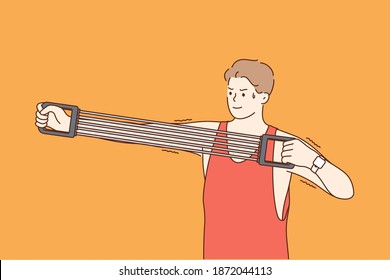 Expander in sport and training concept. Sportsman athlete cartoon character stretching expander and doing exercise workout with expander during sports program vector illustration 