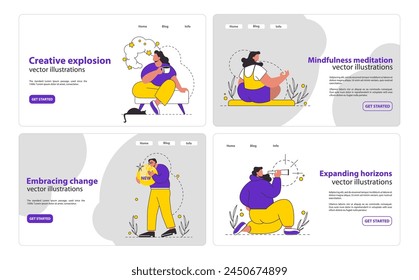 Expanding Boundaries set Illustrative designs that highlight mindfulness, embracing novelty, and broadening perspectives Ideal for infusing websites with themes of innovation and mental liberation