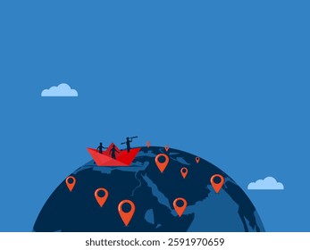 Expanding branches, Businessman team on paper boat pins around the world